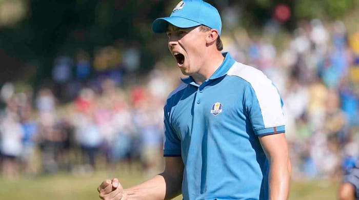 Europe's Matt Fitzpatrick celebrates on the 5th green during his afternoon fourballs match at the 2023 Ryder Cup at the Marco Simone Golf Club in Italy.